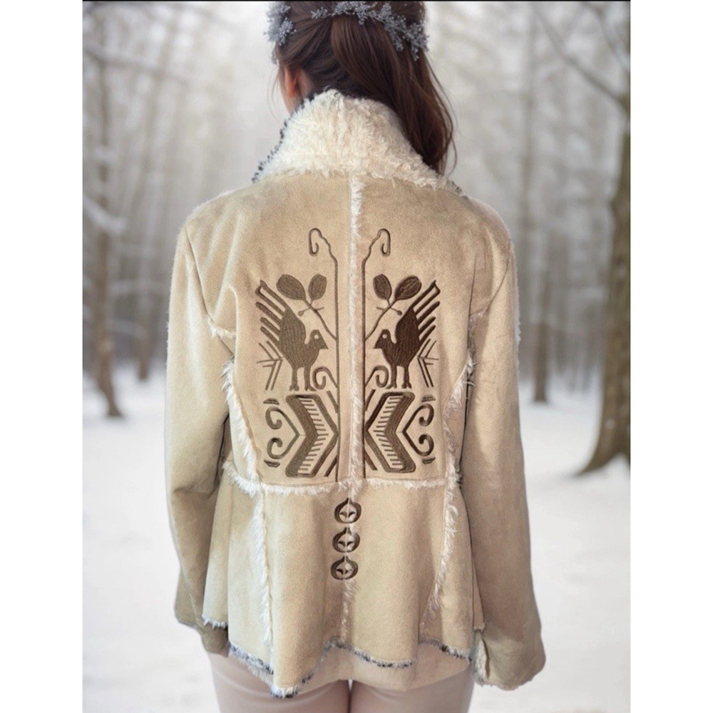 Johnny Was Biya Jacket Faux Fur Sherpa Lined Embroidered Twilight, L